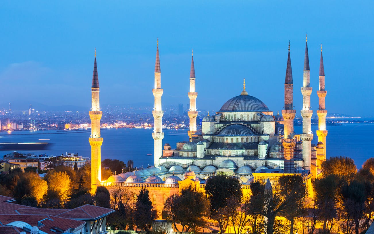 Blue Mosque in Istanbul at dusk during full-day guided tour.