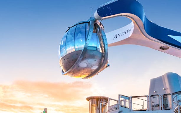 Observation pod on a cruise ship at sunset.