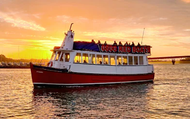Auckland Harbour cruise boat at sunset with city skyline in background.