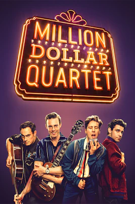 Musicians performing in Million Dollar Quartet show with neon sign backdrop