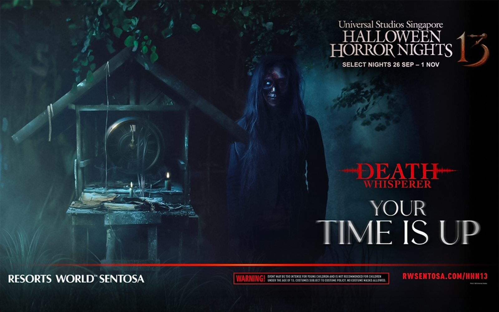 Creepy figure in dark forest at Universal Studios Singapore Halloween Horror Nights, Death Whisperer theme.
