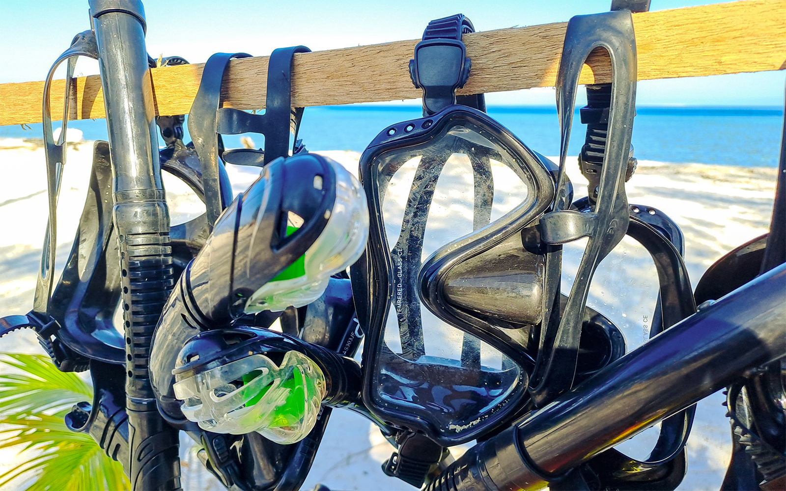 Snorkel gear hanging in a shop near the beach.