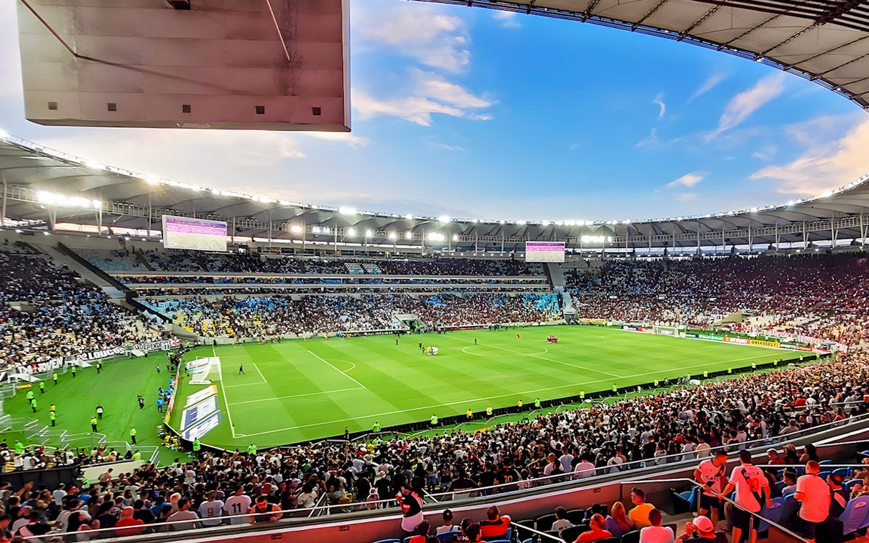 Crowd watching a soccer match at Maracanã Stadium, Rio de Janeiro, Brazil.