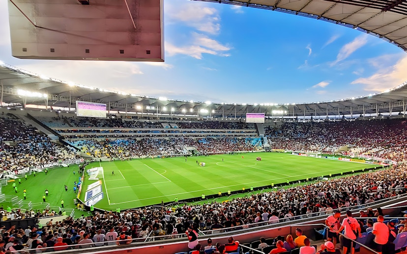 Crowd watching a soccer match at Maracanã Stadium, Rio de Janeiro, Brazil.