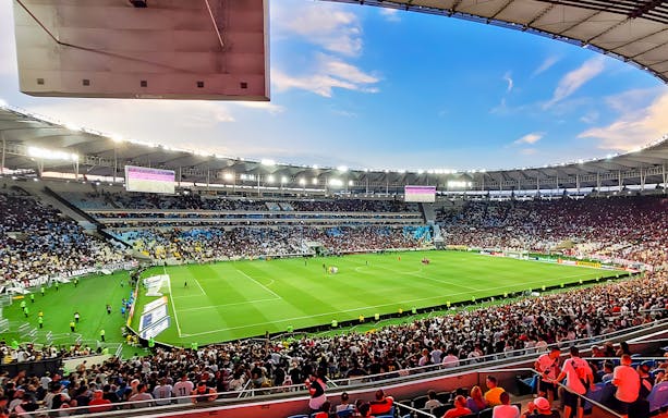 Crowd watching a soccer match at Maracanã Stadium, Rio de Janeiro, Brazil.