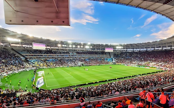 Crowd watching a soccer match at Maracanã Stadium, Rio de Janeiro, Brazil.