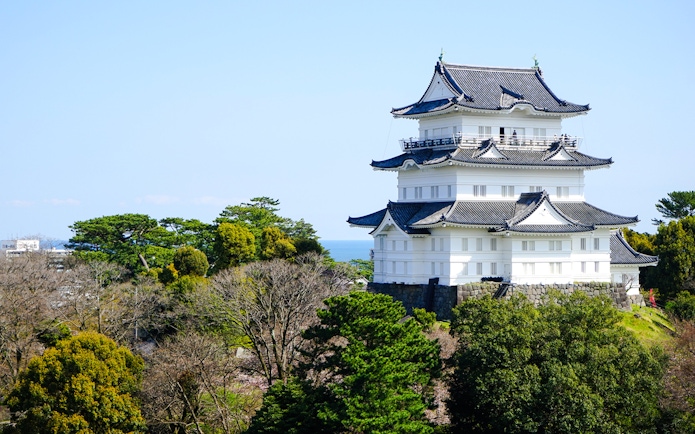 Odawara Castle surrounded by trees in Kanagawa, Japan.