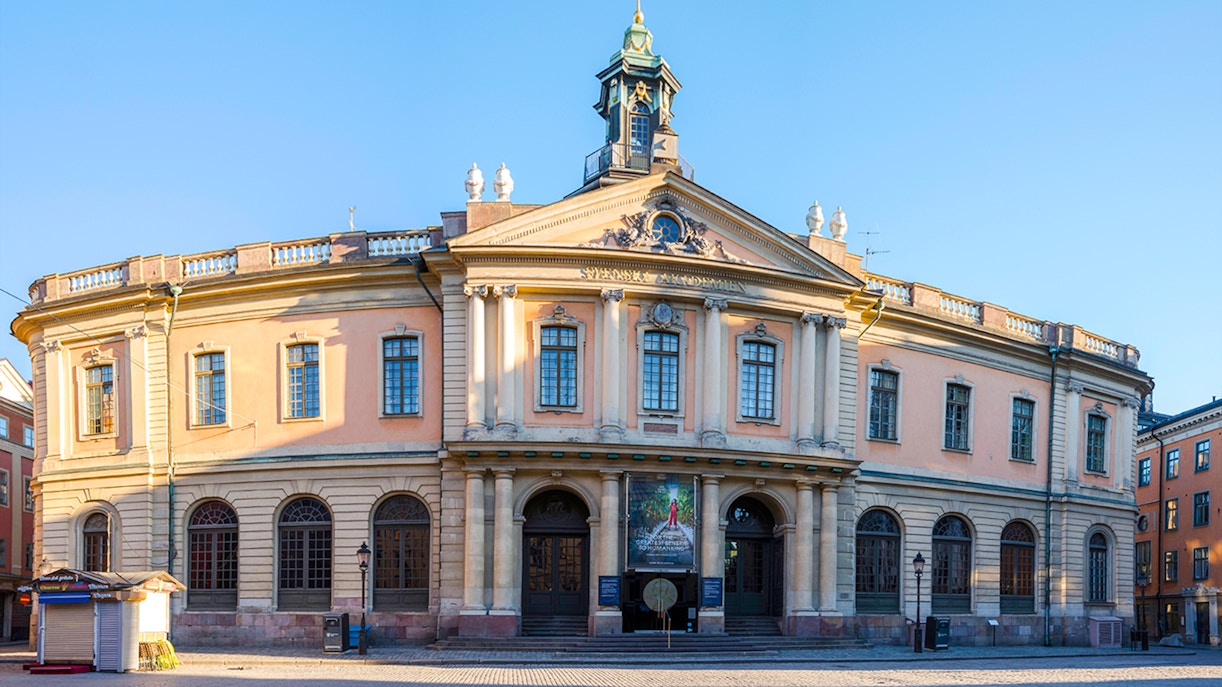 Nobel Prize Museum building in Stockholm, Sweden, with classical architecture.