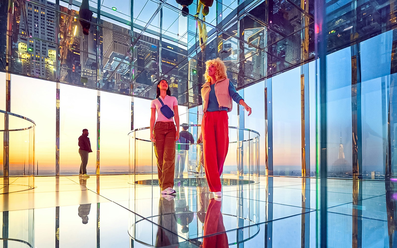 SUMMIT One Vanderbilt observation deck view of New York City skyline with iconic skyscrapers.