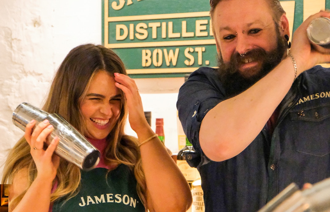 Participants enjoying cocktail-making at Jameson Distillery, Bow St.