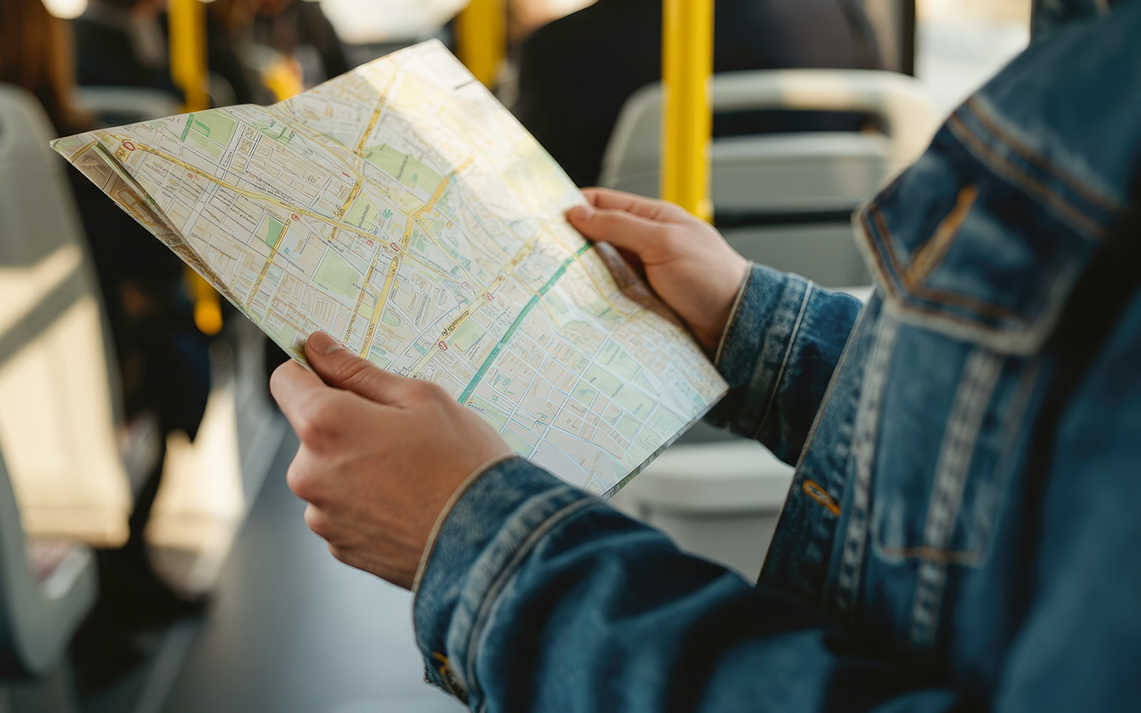 Woman holding a map on a hop-on hop-off bus.