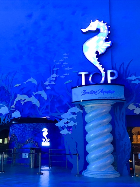Entrance to the Penang Boutique Aquarium at The Top, featuring a seahorse sign and ocean-themed decor.