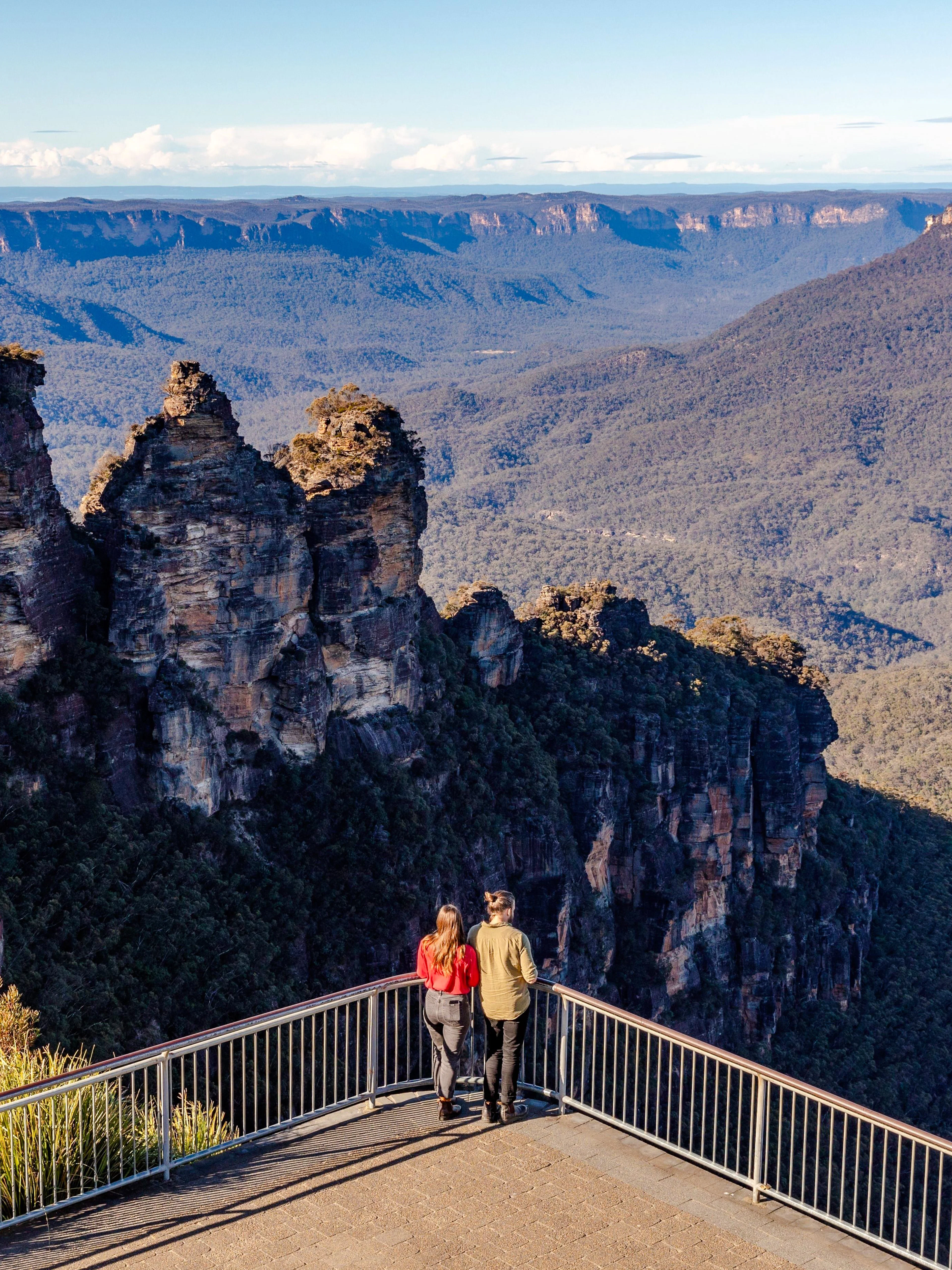 Couple viewing the Three Sisters rock formation in Blue Mountains, Australia.