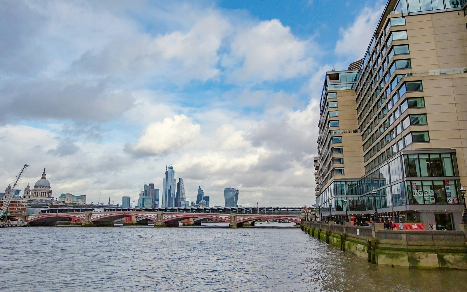 Gabriel's Wharf view of Thames River and London skyline from Queen's Walk, Great Britain.