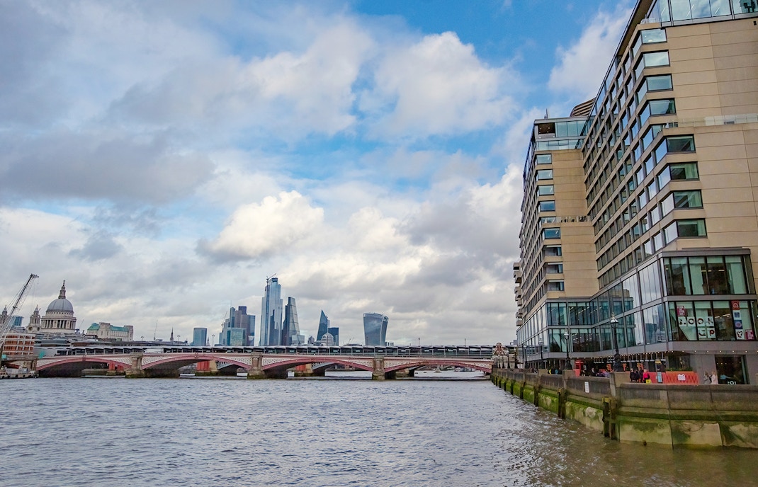 Gabriel's Wharf view of Thames River and London skyline from Queen's Walk, Great Britain.
