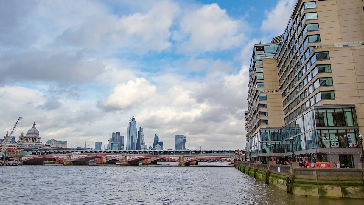 Gabriel's Wharf view of Thames River and London skyline from Queen's Walk, Great Britain.