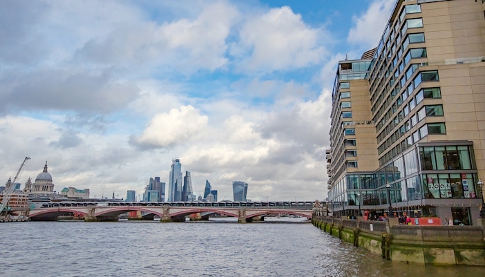 Gabriel's Wharf view of Thames River and London skyline from Queen's Walk, Great Britain.