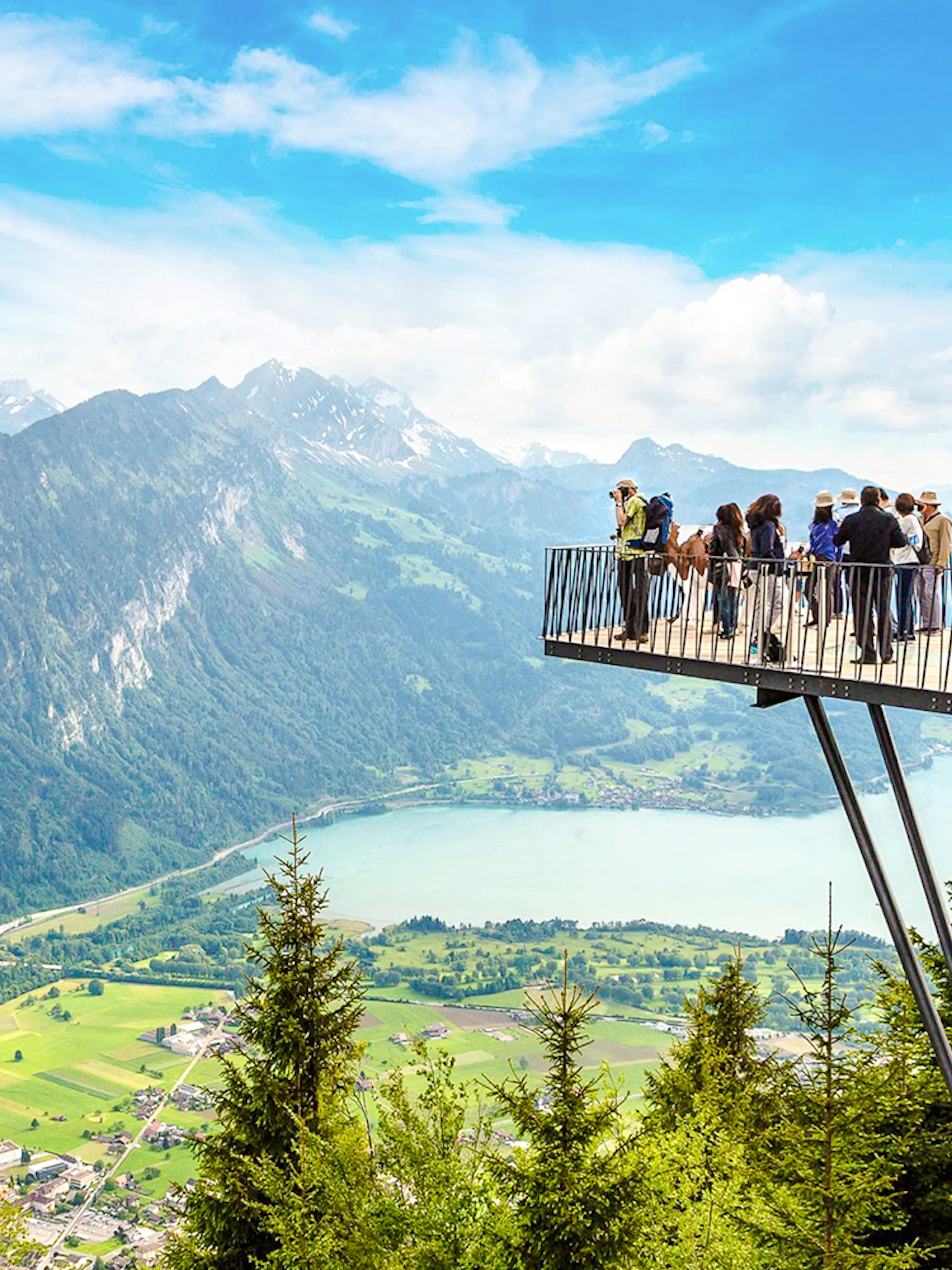 Viewing platform at Harder Kulm overlooking Swiss Alps and Lake Thun.