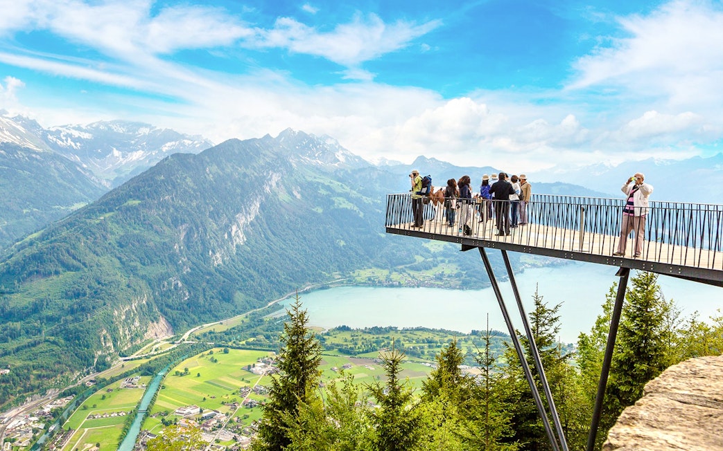 Viewing platform at Harder Kulm overlooking Swiss Alps and Lake Thun.