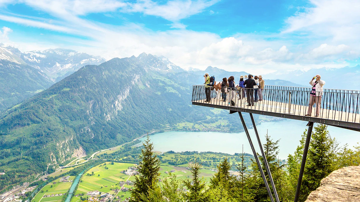 Viewing platform at Harder Kulm overlooking Swiss Alps and Lake Thun.