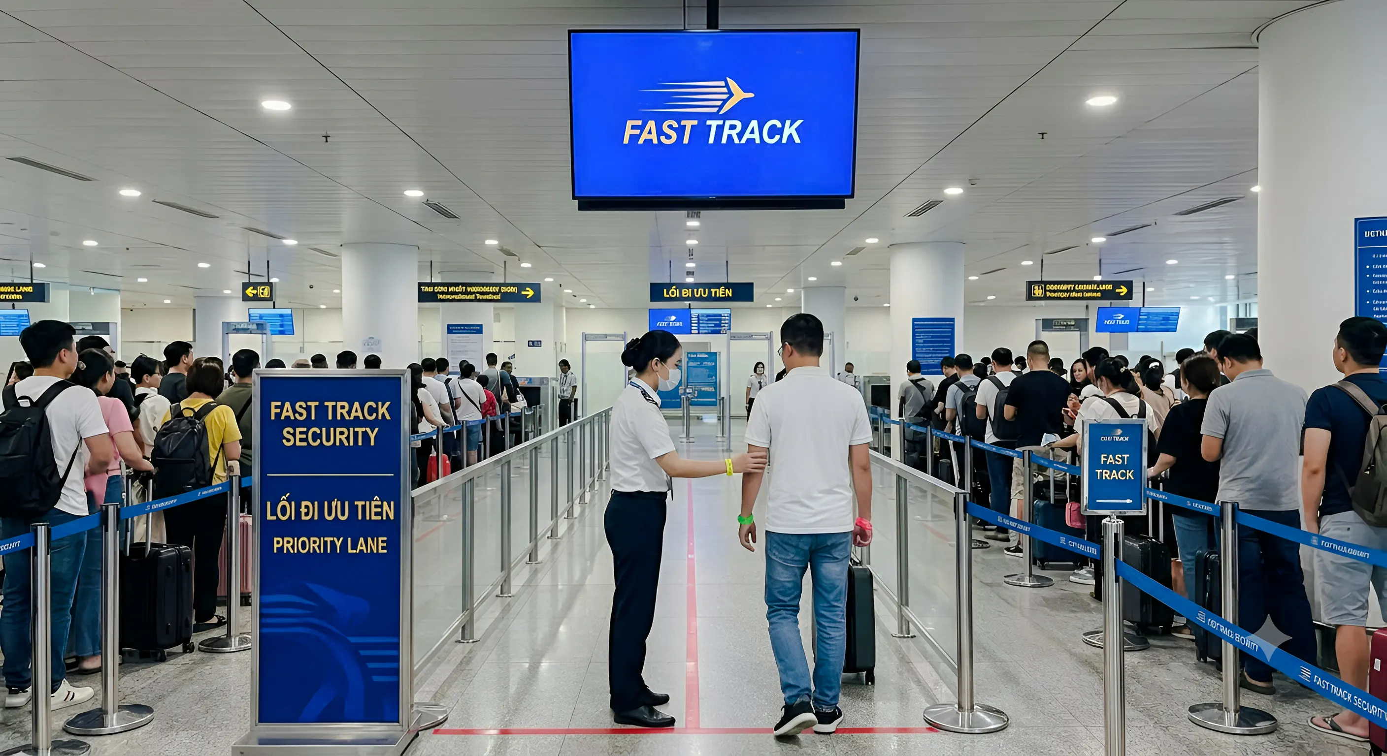 Fast track security line at Da Nang International Airport with staff assisting travelers.