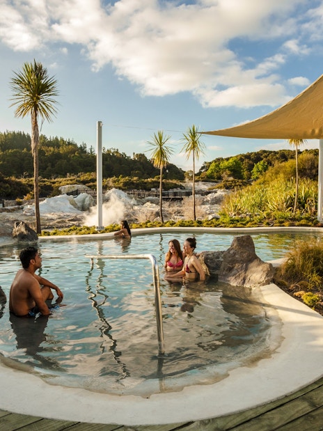Visitors enjoying geothermal mud bath at Hell's Gate, surrounded by lush greenery and steam.
