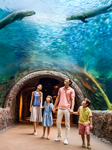Family walking through underwater tunnel at Mandai Wildlife Reserve, Singapore.