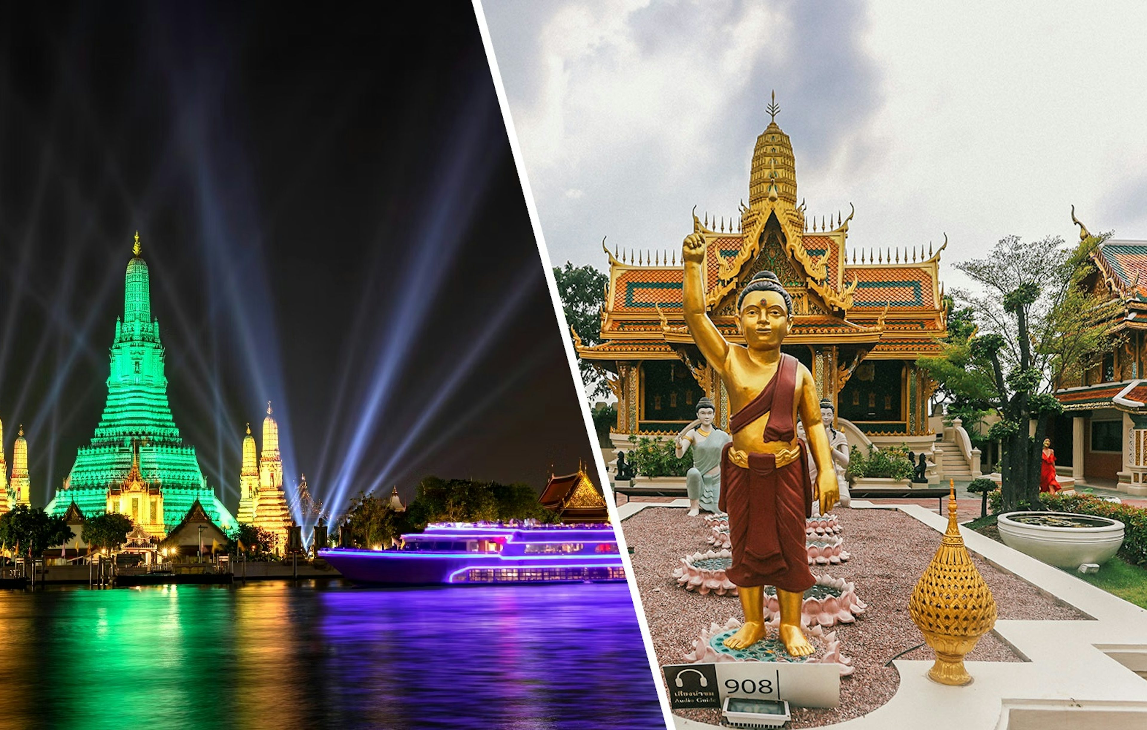 White Orchid River Cruise passing Wat Arun at night, Bangkok, with illuminated temple and Buddha statue.