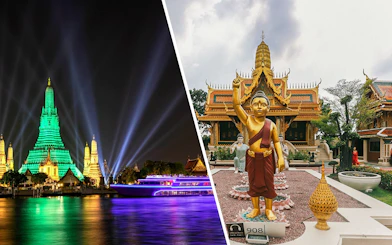 White Orchid River Cruise passing Wat Arun at night, Bangkok, with illuminated temple and Buddha statue.