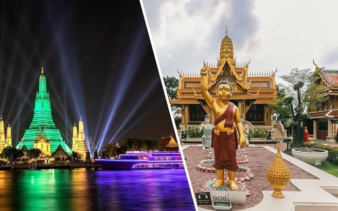 White Orchid River Cruise passing Wat Arun at night, Bangkok, with illuminated temple and Buddha statue.