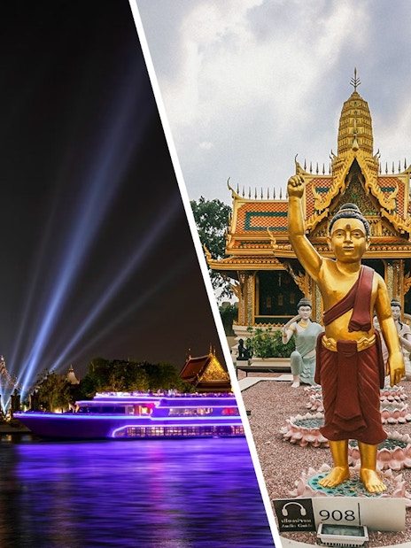 White Orchid River Cruise passing Wat Arun at night, Bangkok, with illuminated temple and Buddha statue.