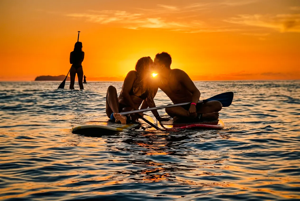 Couple paddleboarding at sunrise in Rio de Janeiro.