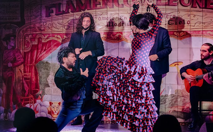 Flamenco De Leones performers on stage in traditional attire, passionately dancing in Madrid, Spain