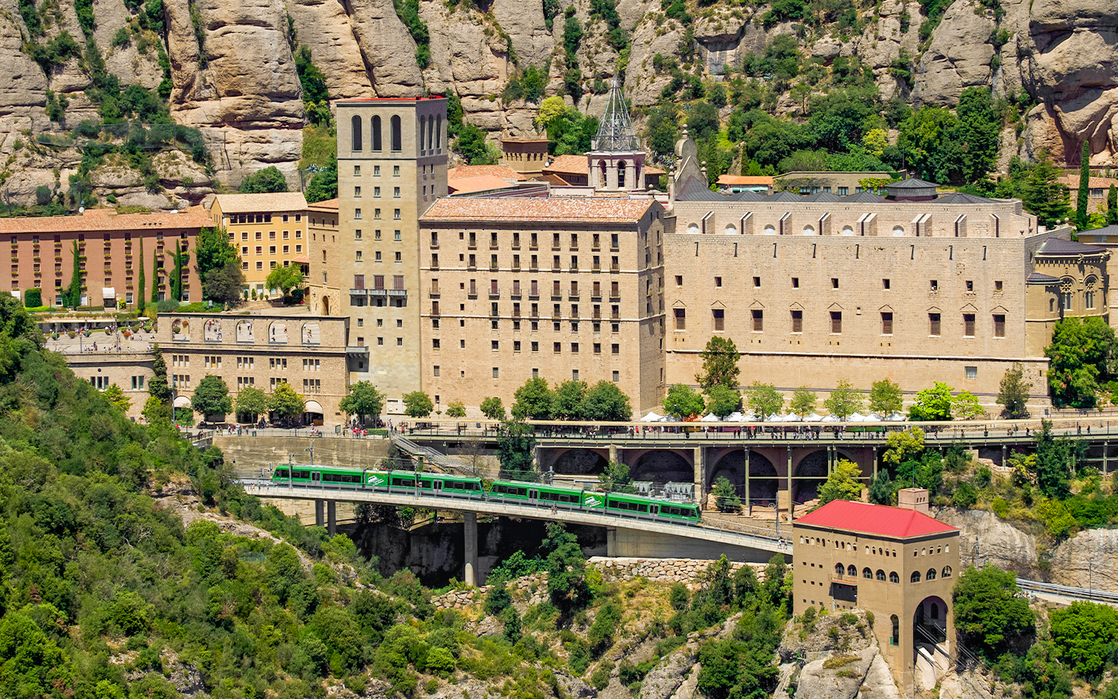 Train arriving at Montserrat Monastery, nestled in the mountains near Barcelona.