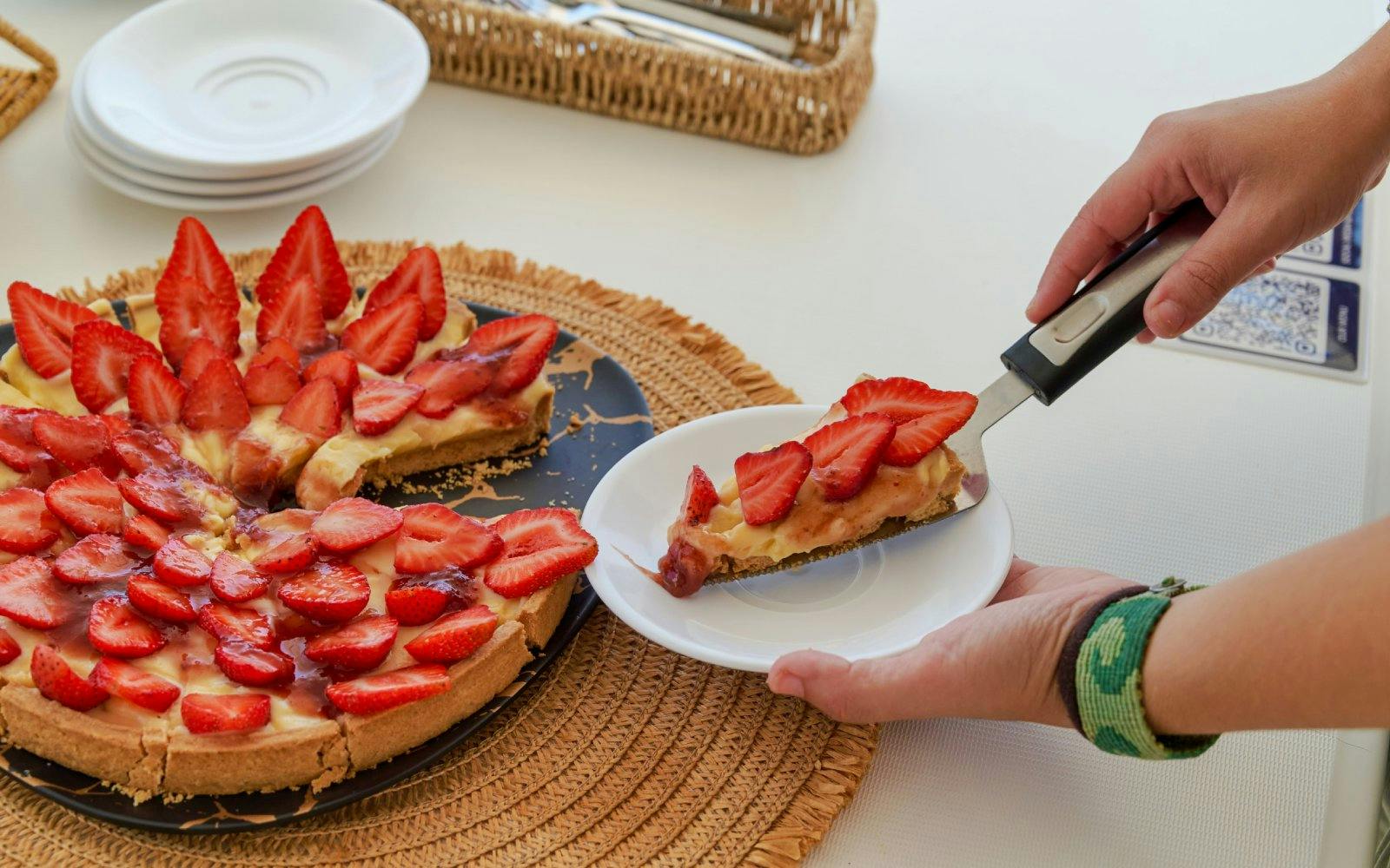 Strawberry tart served during Morning Luxury Catamaran Cruise from Ierapetra to Chrissi Island.