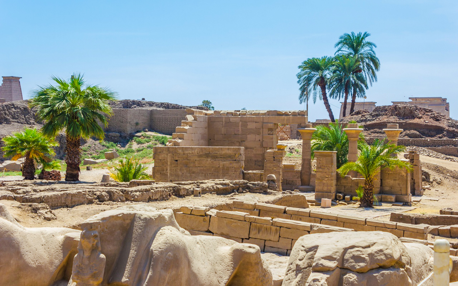 Ruins of Karnak Temple with ancient columns and palm trees in Luxor, Egypt.