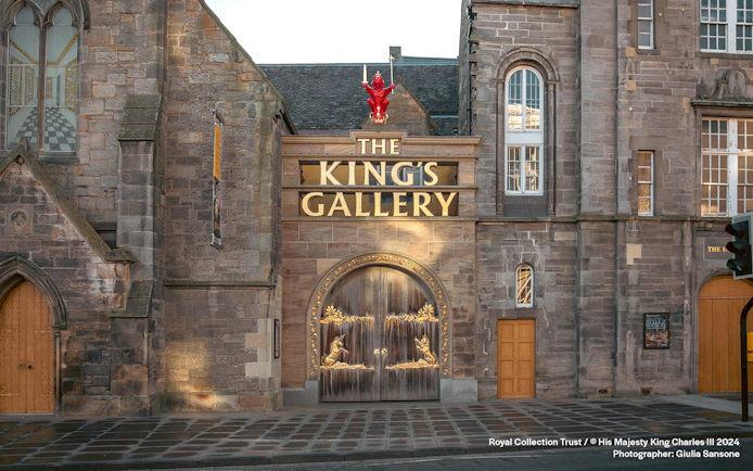 King's Gallery entrance with ornate wooden doors and stone facade in Edinburgh.