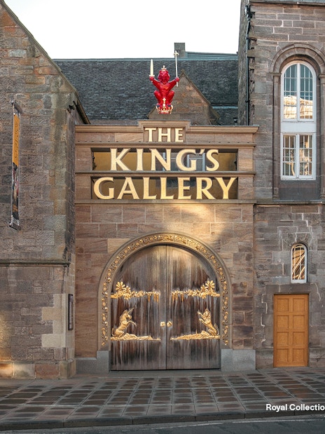King's Gallery entrance with ornate wooden doors and stone facade in Edinburgh.