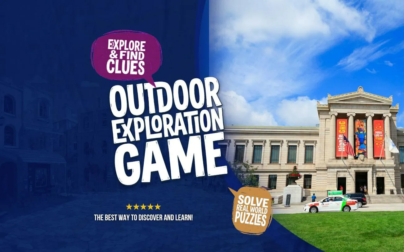 Outdoor exploration game poster with Boston museum facade.