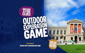 Outdoor exploration game poster with Boston museum facade.