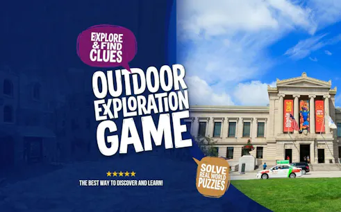 Outdoor exploration game poster with Boston museum facade.