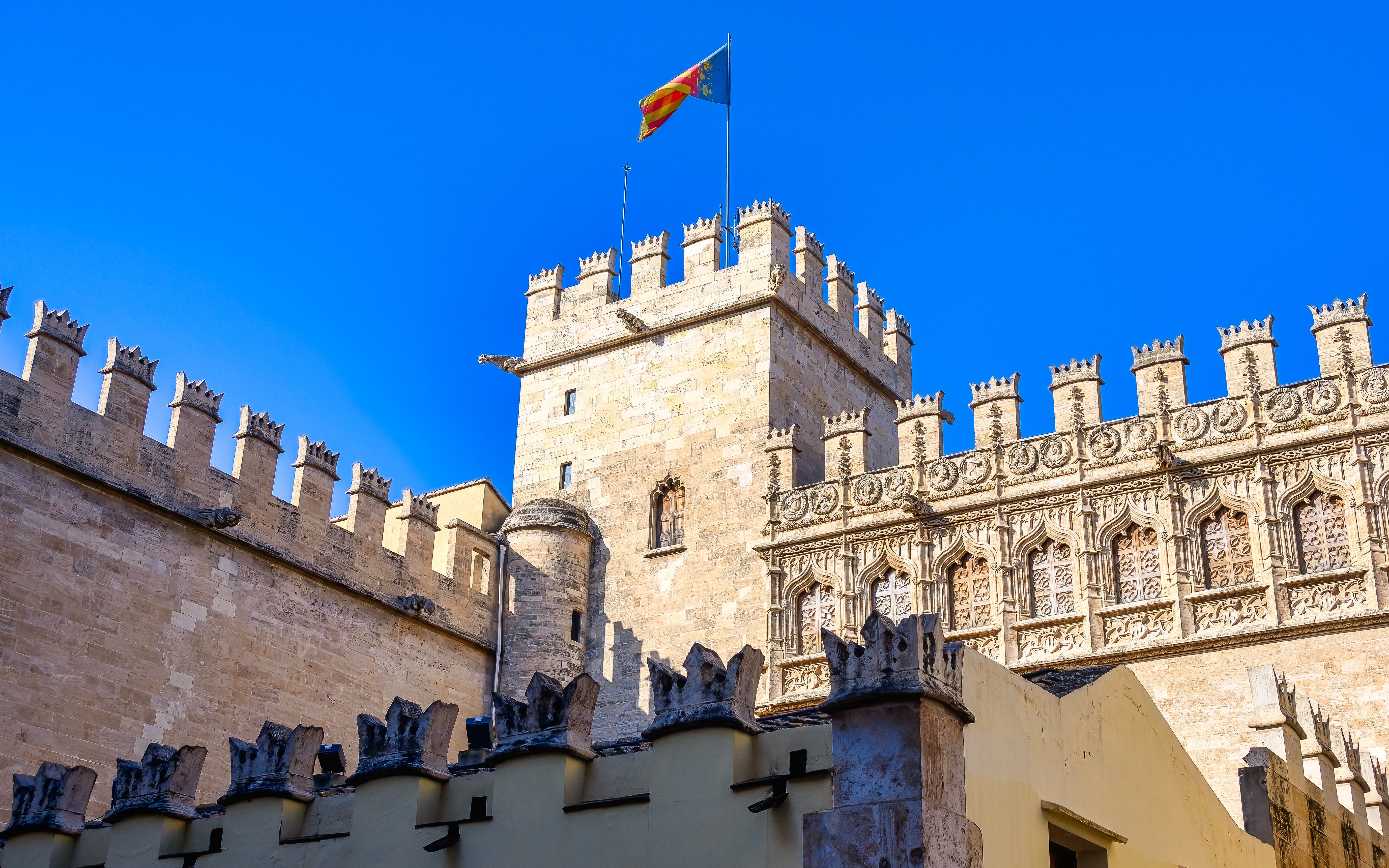 Architectural features of the Silk Exchange (Also, Lonja de la Seda or Llotja de la Seda) in Valencia, Spain