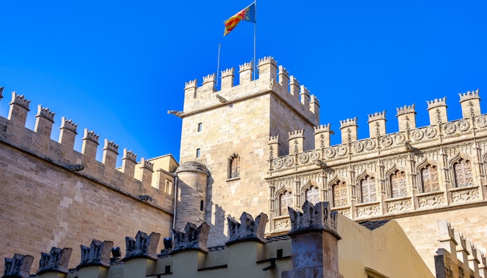 Architectural features of the Silk Exchange (Also, Lonja de la Seda or Llotja de la Seda) in Valencia, Spain
