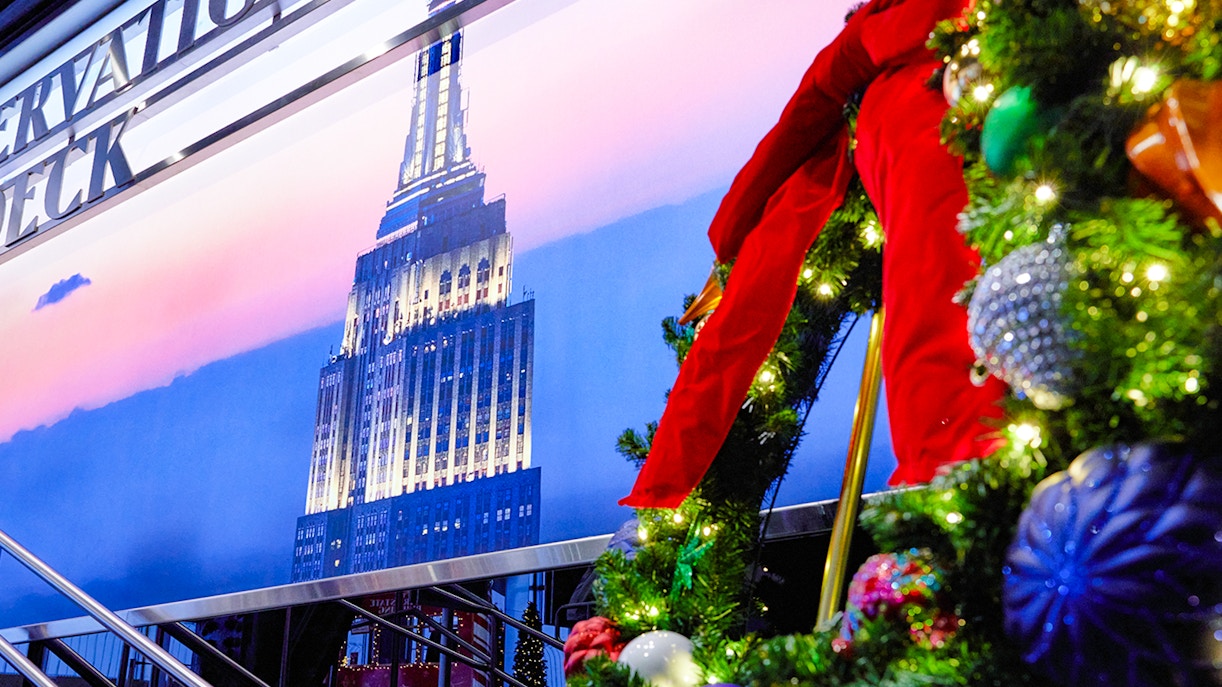 Empire State Building interior with festive Christmas decorations