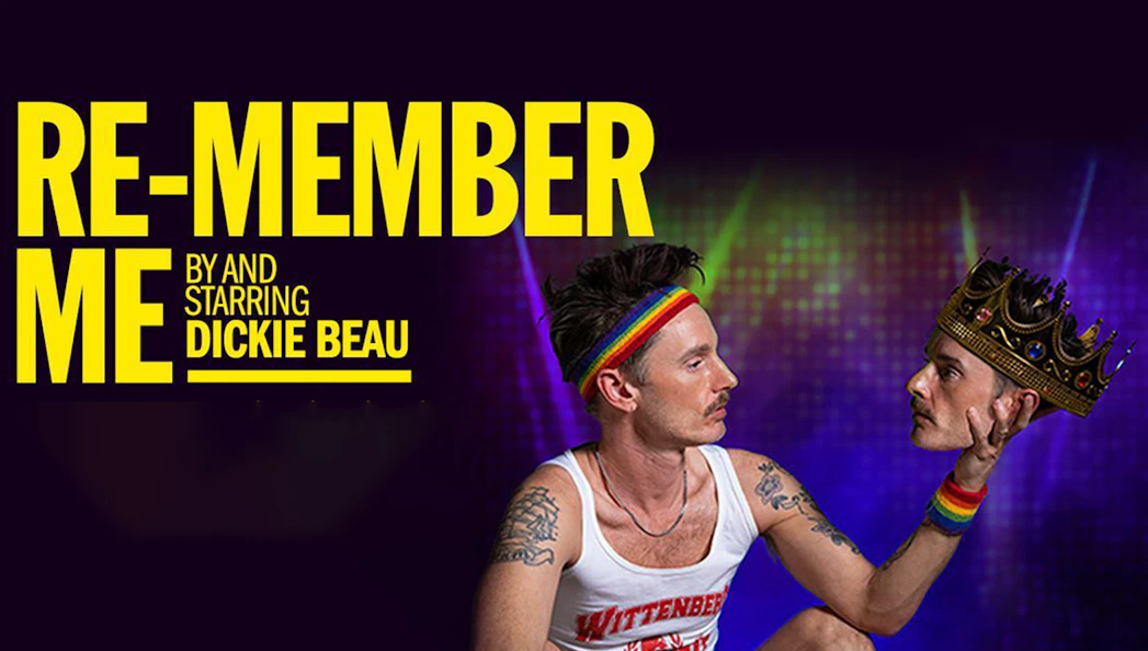 Performer holding a crowned head, promoting "Re-member Me" show.