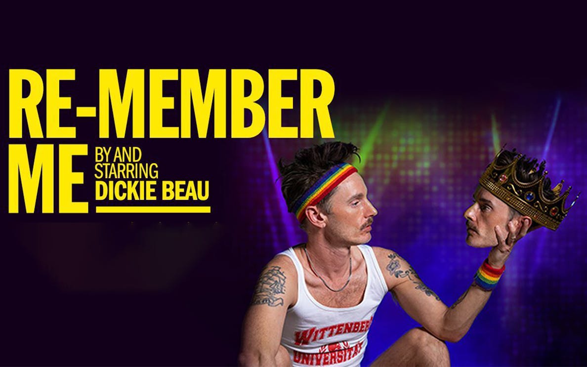 Performer holding a crowned head, promoting "Re-member Me" show.
