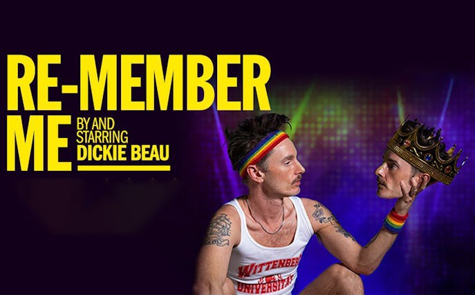 Performer holding a crowned head, promoting "Re-member Me" show.