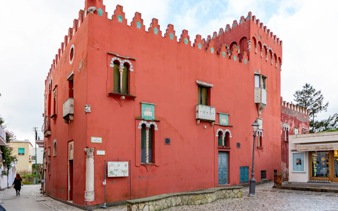 Casa Rossa, historic red building with unique architecture in Capri, Italy.
