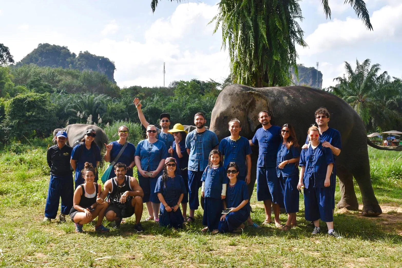 Group with elephants at Krabi Elephant Care and Poo Paper Workshop, Thailand.