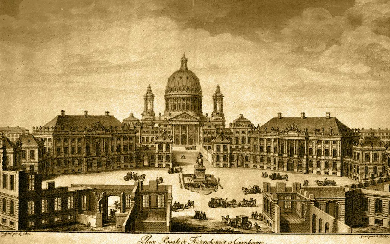 Historic illustration of Copenhagen's Royal District with prominent dome and surrounding buildings.